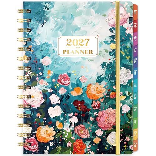 2027 Planner - Jan 2027 - Dec 2027, Weekly Monthly Planner 2027 | 6.3" x 8.4", Calendar Planner 2027 with 12 Colorful Tabs, Floral Planner, Twin-Wire Binding, Hardcover, Elastic Closure
