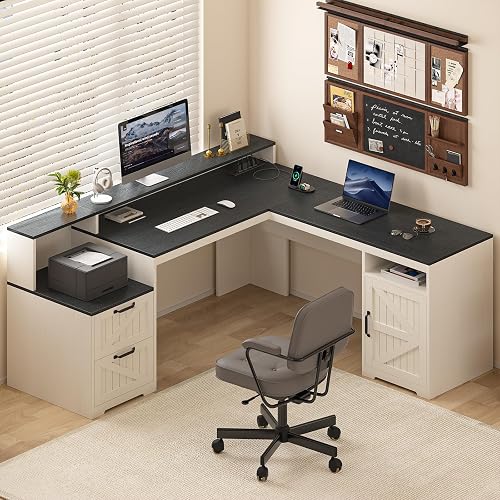 63" Farmhouse L Shaped Desk with Drawers & Printer Shelf for Home Office | Corner Computer Desk with Storage, Power Outlets, L Shaped Office Desk with Monitor Stand, Printer Shelf, Black & White