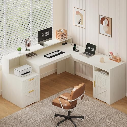 63" Farmhouse L Shaped Desk with Drawers & Printer Shelf for Home Office | Corner Computer Desk with Storage, Power Outlets, L Shaped Executive Desk with Monitor Stand, Printer Shelf, White