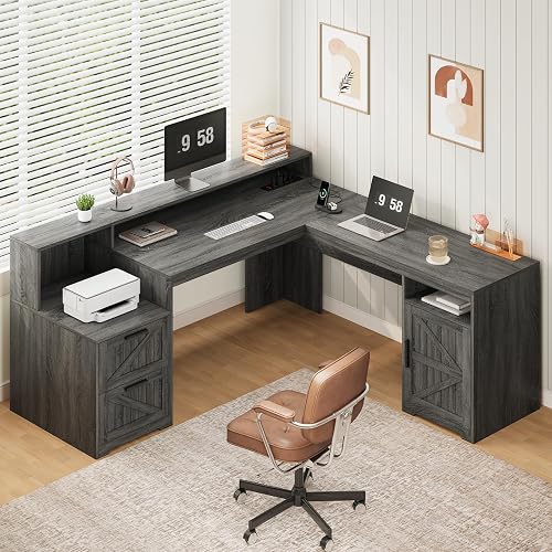 63" Farmhouse L Shaped Desk with Drawers & Printer Shelf for Home Office | Corner Computer Desk with Storage, Power Outlets, L Shaped Office Desk with Monitor Stand, Printer Shelf, Dark Gray