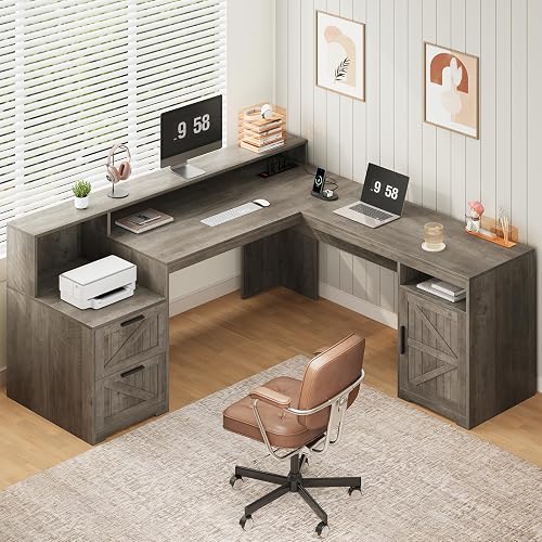 63" Farmhouse L Shaped Desk with Drawers & Printer Shelf for Home Office | Corner Computer Desk with Storage, Power Outlets, L Shaped Office Desk with Monitor Stand, Printer Shelf, Gray