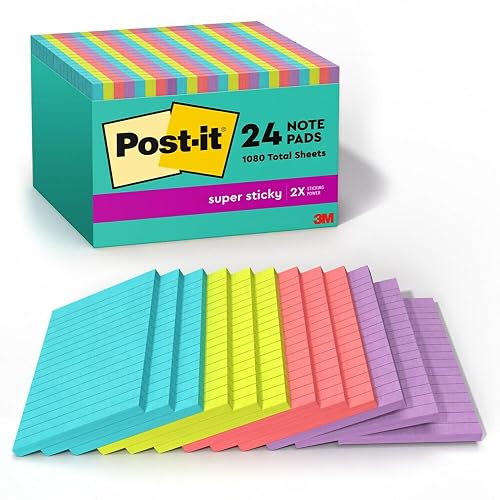 Post-it Super Sticky Notes, 4-inch x 6-inch, Supernova Neons Collection, Lined, 45 Sheet/Pad, 24 Pads/Pack (660-24SSMIA-CP)