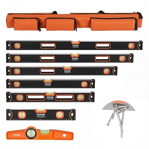VEVOR 6-Piece Torpedo Level, 78/48/32/24/16/10 Inch Box Levels Set, Bubble Vials Ruler for 45/90/180 Degree, Shock-Proof Aluminum Alloy Magnetic Leveler Tool, SAE/Metric Scale(Only 10-inch has magnet)