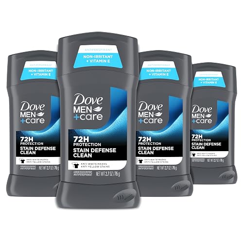 Dove Men+Care Deodorant Stick, Stain Defense Clean, 4 Count, 2.7 oz | Anti-White Mark and Anti-Yellow Stain Protection, 72-Hour Sweat and Odor Defense, Clean Fresh Scent