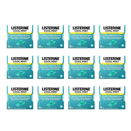 Listerine PocketPaks Breath Strips, Cool Mint, 24 Strip Pack (12 Packs) | Dissolving Oral Care Strips, Instant Fresh Breath, Travel Essentials, Kills 99% of Bad Breath Germs, Breath Freshener