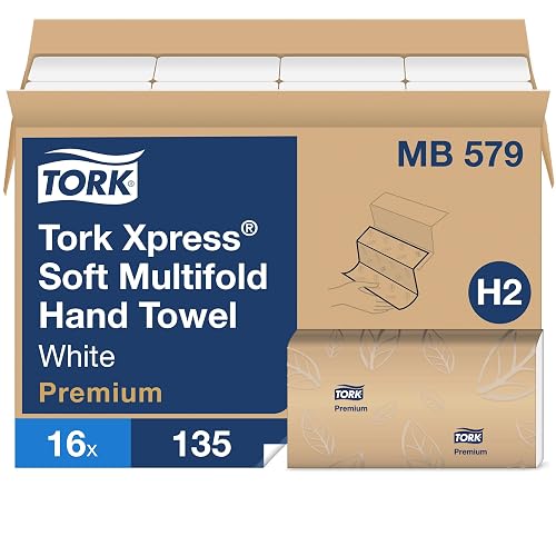 Tork Soft Xpress Multifold Paper Hand Towels, 16 Packs X 135 Towels, MB579 | Compatible with H2 Dispensers, 2-Ply, White, FSC Certified