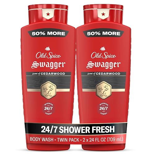 Old Spice Refreshing Body Wash for Men, 3X Defense, 24/7 Shower Fresh with Long Lasting Scent, Red Collection, Swagger with Cedarwood Scent, 24 oz (Pack of 2)