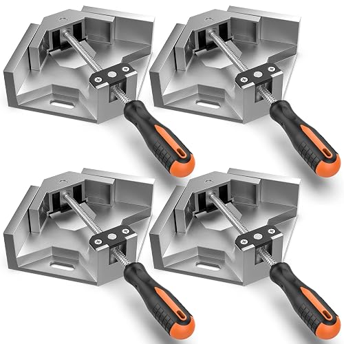 Housolution Right Angle Clamp, [4PACK] 90° Aluminum Alloy, Silver Gray | Single Handle Corner Clamp, Clamps for Woodworking Adjustable Swing Jaw, Tools Photo Frame Vise Holder, Gifts for Men Dad