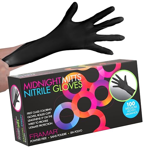 FRAMAR Powder Free Nitrile Gloves Medium, Guantes De Nitrile | For Hair Dye 12 INCH Black Gloves Disposable Latex Free, Cleaning, Tattoo, Extra Durable & Resistant, 100 Pack