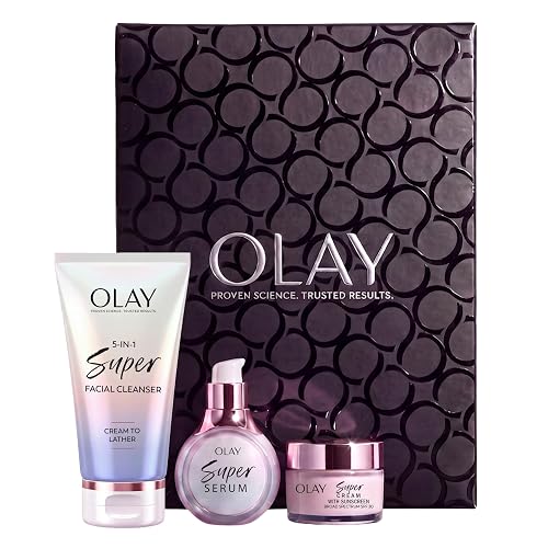 Olay 5-in-1 Holiday Mini Gift Pack - Super Serum Trial 0.4 fl oz, Super Facial Cleanser 4.5 fl oz, Super Cream with Sunscreen SPF 0.5 oz - Brightening, Hydrating, Anti-Aging Skincare Set
