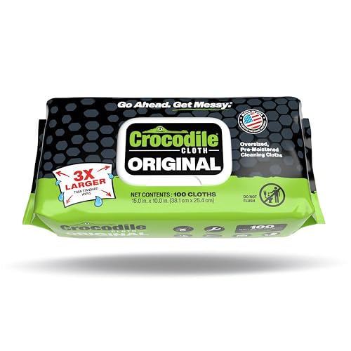 Crocodile Cloth Original Heavy-Duty Hand & Tool Wipes, 100 Count | Multi-Surface, Water-Based, Safe on Skin, 15" x 10"
