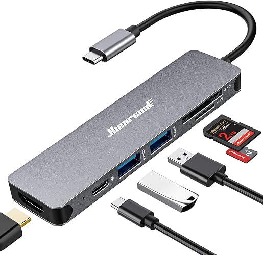 Hiearcool 7-in-1 USB C Hub, USB C Dongle Compatible for MacBook, Space Gray | 4K@30Hz HDMI, 100W PD, 5Gbps USB 3.0 and SD/TF card readers in a durable plug-and-play aluminum design for work and travel