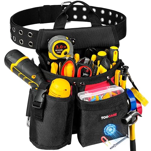 Tool Belts,18-Pocket Magnetic Tool Pouches with Drill Holster,Metal Buckle | Heavy Duty Tool Belts for Men,Detachable Utility Tool Belt Pouch with Handle for Electrician Carpenter Construction Worker