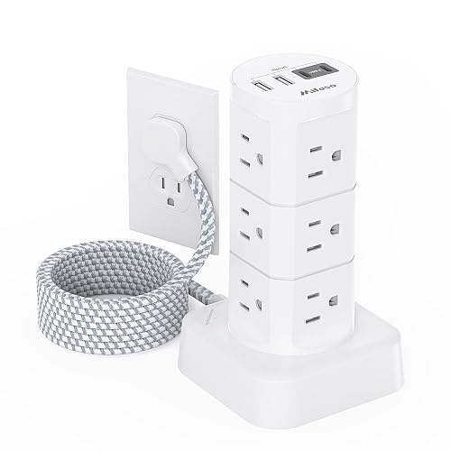 Power Strips with Surge Protection, Flat Plug Power Strip Tower | Charging Station 12 Outlets 4 USB Ports, 1080J 6Ft Extension Cord with Multiple Outlets, Office Supplies, Dorm Essentials