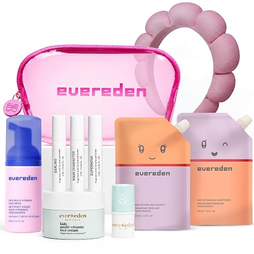Evereden Kids Skin Care Set for Girls 8-12, 10 in 1 Teen Skincare Gift Kit | 10-Piece Kit: Face Wash, Face Cream, Shampoo, Conditioner, Lip balm, 3 Fragrance Mists, Headband and Jelly Travel Bag
