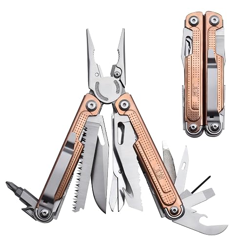 SQT2048-C 20-in-1 Multitool Pliers, Stainless Steel Multi Tool, Safety Lock | Foldable EDC Tool with Pocket Clip for Camping, Hiking, Fishing, Outdoor Repair and Everyday Carry, Gift for Men, Rose Gold
