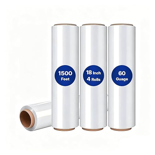 NorthSky Industrial Stretch Wrap, 18" x 1500', 60 Gauge 20 Microns, Up to 600% Stretch, Clear Heavy Duty Self-Adhering Plastic Film for Pallet Packing Moving Shipping Box of 4 Rolls