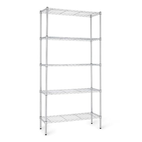 Amazon Basics 5-Shelf Adjustable Heavy Duty Steel Wire Rack, Space Saving Storage Shelving Organizer for Kitchen, Garage, No-Tool Assembly, 350 lbs Weight Capacity, 36" x 14" x 72", Chrome