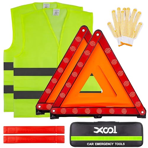XOOL Emergency Warning Triangle Kit – Roadside Safety Kit with Reflective Warning Triangles, High-Visibility Safety Vests, Storage Bag & Gloves for Car Breakdowns & Emergencies