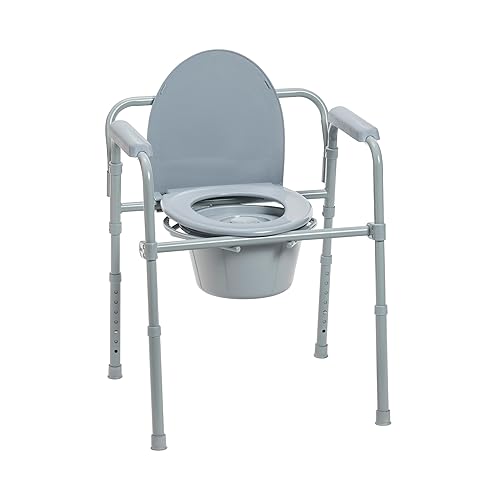 Drive Medical Folding Bedside Commode, Adjustable Height, Supports 350 lb | Included 7.5 Qt Bucket Make This Durable, Powder-Coated 3-in-1 Toilet Solution Supports up to 350 Pounds