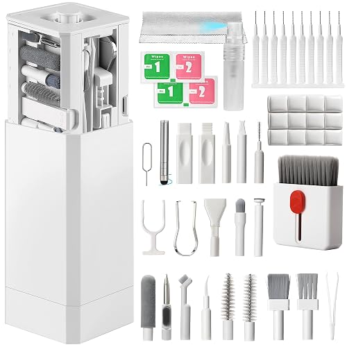HISSIMO 57-Piece Phone Cleaning Kit with 10 Mini Brushes for iPhone, White | All-in-one electronics cleaner for Lightning and USB-C charging ports, with putty, microfiber cloth, wipes and brushes