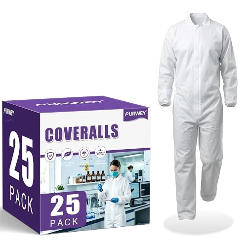FURWEY Hazmat Suits 25 Pack Disposable Coveralls, with Elastic Wrists, Ankles, Available in 5 sizes