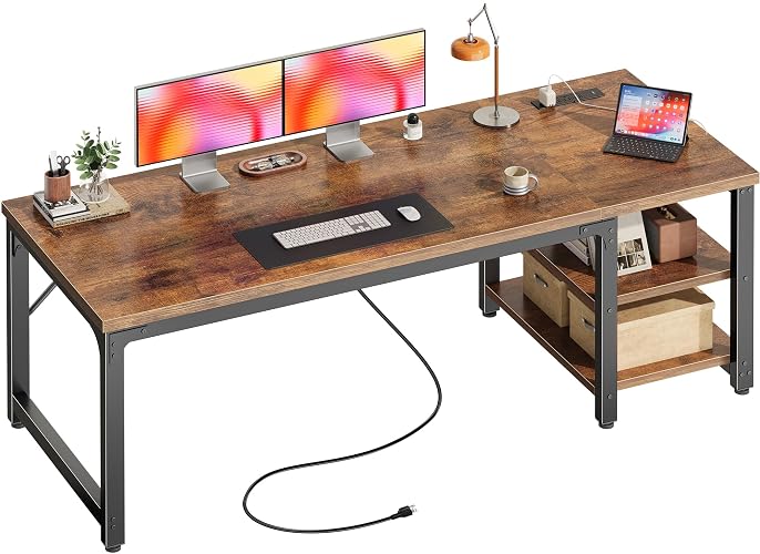 Huuger 63'' x 23.6'' Computer Desk with Power Outlets, 0.95'' Thick Desktop | Office Desk with Storage Shelves, Wide & Deep Desk for Work from Home, Writing Study Gaming Table, Heavy Duty, Rustic Brown