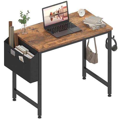 Lufeiya Small Desk for Small Spaces, 32 Inch Kids Girls Study Writing Desks for Bedroom, Simple Modern Laptop PC Little Side Table with Storage Bag Headphone Hooks, Rustic Brown