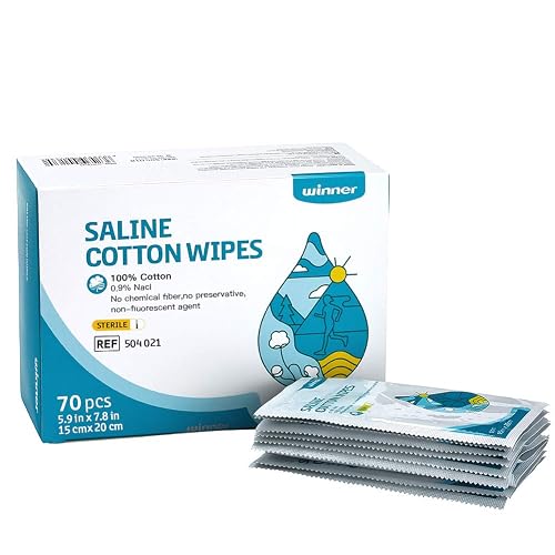 Winner Sterile Saline Wipes, 6 x 8 in, Individually Wrapped, 70 Count | 0.9% Isotonic Saline, Individually Wrapped, Alcohol-Free, Fragrance-Free, Sensitive Eyes, Face Cleansing, Piercing Care