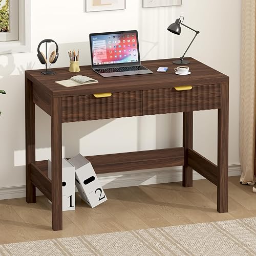 32 Inch Small Fluted Computer Desk with 2 Drawers for Bedroom, Home Office | Small Computer Desk with Storage, Compact Writing Study Desk for Small Spaces, Walnut