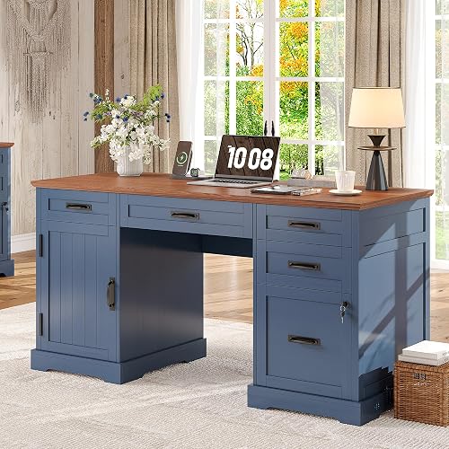 Whalefall 55'' Farmhouse Desk Home Office with Drawers, Blue | Executive Computer Desk with File Cabinet and Charging Station, Wooden Small Desk with Locking Drawers Storage