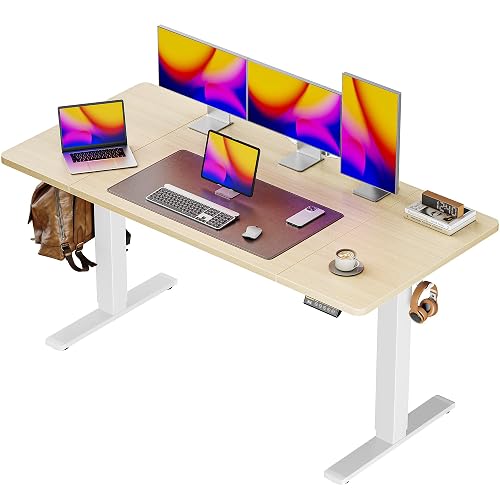 Huuger 55 x 28 Large Electric Standing Desk, Height Adjustable Desk, 27.6" Deep Desktop, Stand up Gaming Computer Office Desk with 2 Hooks, 3 Preset Heights, for Home Office, Maple