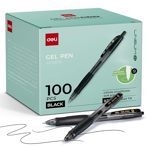 deli Pens Bulk, 100 Pcs Retractable Gel Pens Medium Point 0.7mm | Smooth Writing with Fast Dry Black Ink, No Bleed, Comfort Grip & Pocket Clip for School, Office, Home Supplies