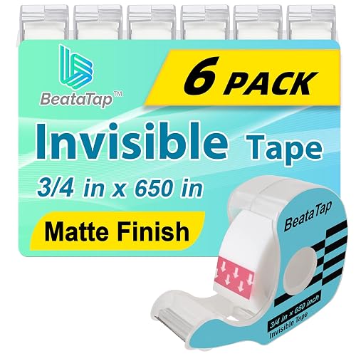 BeataTap Tape, Invisible Tape for Gift Wrapping, 6 Rolls+6 Dispensers, Matte Finish, Writable, 3/4″x 650″, Clear Tapes for Christmas Wrapping Paper, Office&School Supplies