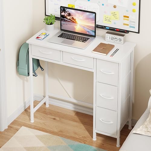 HIGDBFE 33" Small Computer Desk with 5 Fabric Drawers, White, 14.2" D | Side Hook, Scratch-Resistant Top, Reinforced V-Brace and Adjustable Feet for Home Office, Bedroom, Dorms and Small Space