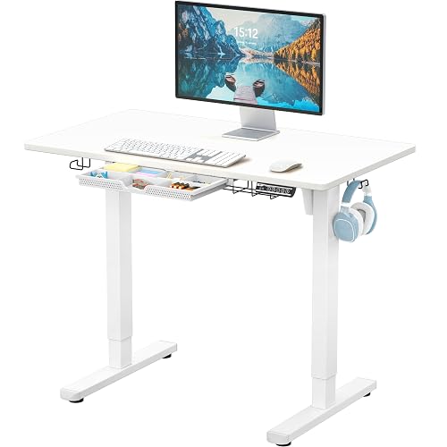SHW 40-Inch Electric Height Adjustable Standing Desk w/Drawer, White | w/ Memory Presets and Cable Management | Drawer with adjustable compartments | Hanging Hooks