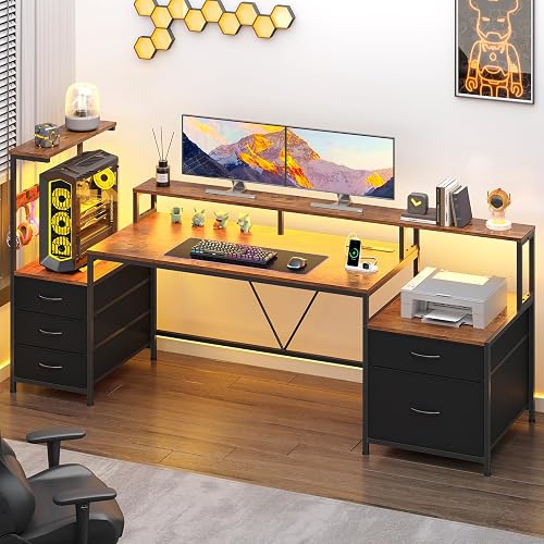 Gacfiew 63" Gaming Desk with Drawers, Storage Shelves and Printer Stand | Computer Desk with Monitor Stand and LED Lights, Reversible Home Office Desk with Printer Shelf, Rustic Brown