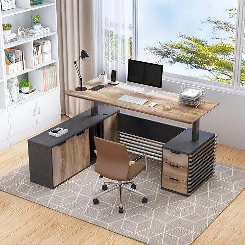 Adjustable Heigh L Shaped Executive Desk with Cabinet Storage | Modern Computer Standing Home Office Desk with Universal Charging Ports, Large Writing Table Business Furniture Workstation