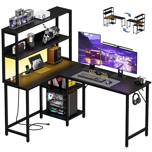 DUMOS L Shaped Desk, Gaming Desk, Power Outlet & Headphone Hook, 53 Inch | Reversible Corner Computer Table, Adjustable Shelf CPU Stand, Home Office Writing Table, LED, Ink