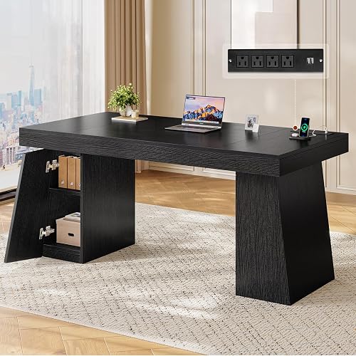 UPOSOJA 55.9" Executive Desk with Storage & Power Outlets, Home Office Desk | Modern Wood Computer Desk with Cabinet, Business Workstation Desk Conference Table, Black