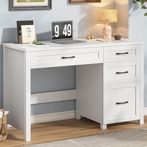 Farmhouse 47" Executive Desk, Computer Desk with File Drawer, Cream White | Workstation, Charging Station, for Study, Home Office