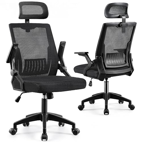 TOP GAMERS High Back Mesh Office Chair Adjustable Lumbar Support with Sliding Flip-up Armrests,Black