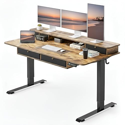CubiCubi 60" x 30" Standing Electric Desk with Drawers, Rustic Brown | Height Adjustable Workstation, Computer Sit Stand Up Office Table with Large Storage Shelf, 4 Drawers and 2 Hooks