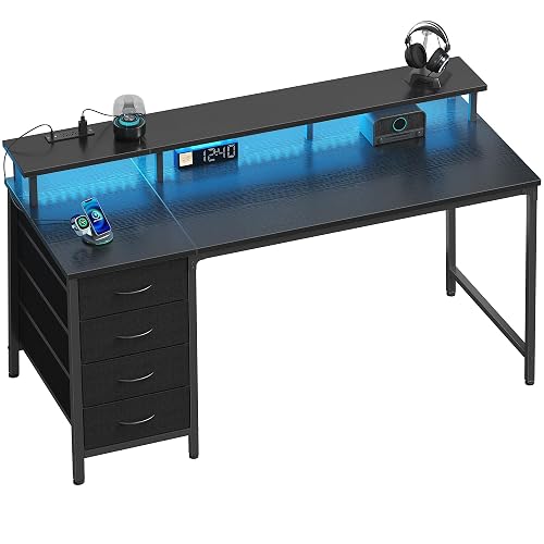 DUMOS 47-Inch Gaming Computer Desk with Drawers for Home Office, Black | Desk with Monitor Stand for Bedroom Study and Writing, PC Desk with Power Outlets and LED Lights