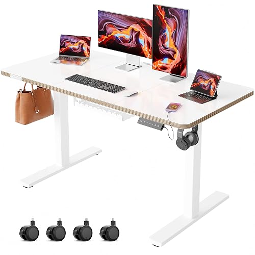 IRILIA 48 Inch Standing Desk with Wheels, USB-C Port, Cable Management | Height Adjustable Desk with Reminder Timer, Loackable Wheels, Cable Management Tray and Clips, 2.6" Steel Support, White