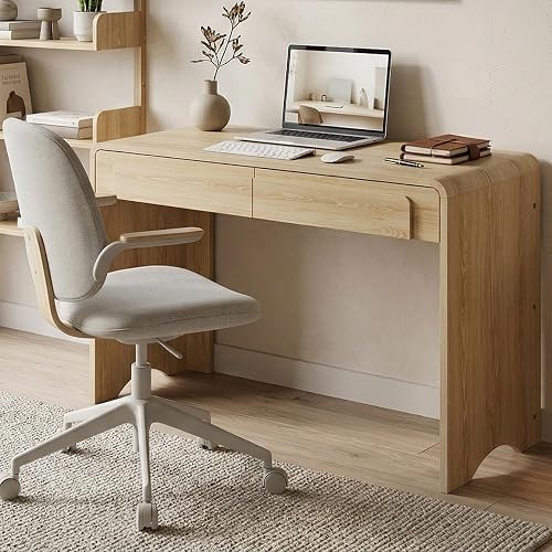 Bestier 47" Computer Desk with 2 Drawers, Modern Wood Writing Desks, Oak | Waterfall Rounded Edges, Spacious Storage with 2 Drawers, Reinforced Structure, Premium Wood Materials, Ergonomic Height