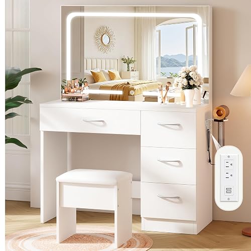 LIVELYGLOW 35.4" White Vanity Desk Set with Full-Width LED Mirror & Stool | 3 Lighting Modes, Charging Station, Cushioned Stool, 4 Drawers