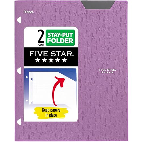 Five Star 2-Pocket Folder, Plastic Folder with Stay-Put Tabs, Fits 3-Ring Binder, Holds 8-1/2" x 11" Paper, Amethyst Purple (333420I-ECM)