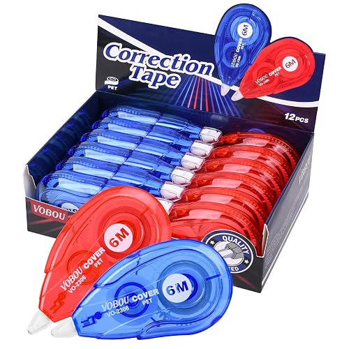 Vobou White Correction Tape, For school, Office (12pack, 6M/256" x 0.2") | Easy To Use Applicator for Instant Corrections Wrong Writing At Any Time, Tear-Resistant Correction tape Bulk，Red and Blue