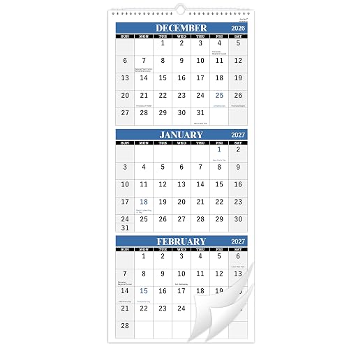 2027 Wall Calendar - 3-Month Wall Calendar Display, 11.25" x 26" | Jan. 2027 - Dec. 2027, 2027 Calendar Display (Folded in a Month) - Paper - Blue